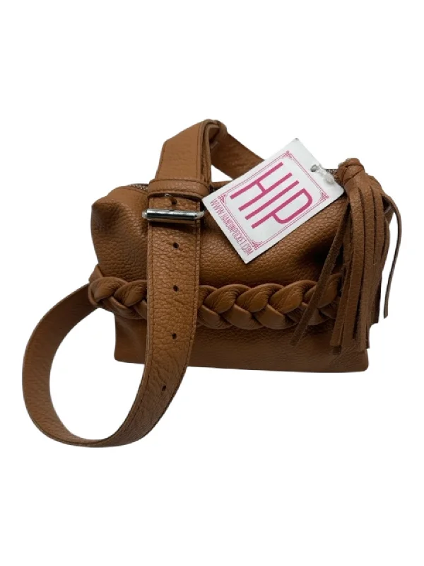 Hand In Pocket Camel Brown Pebbled Leather Crossbody Braid Detailing Bag