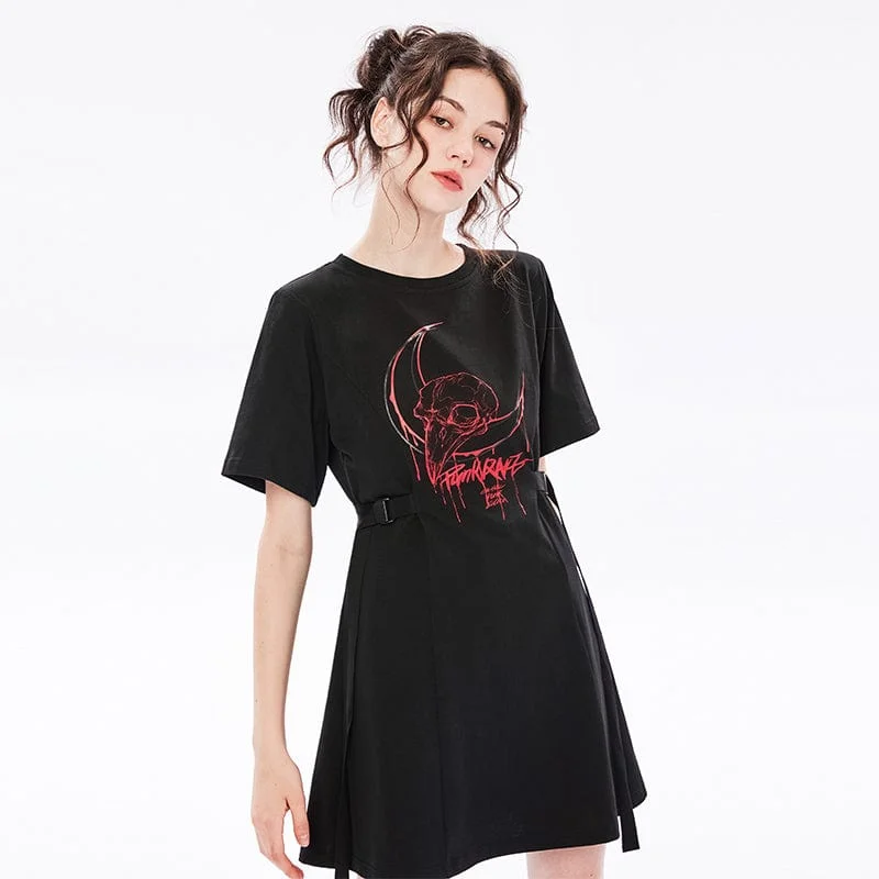 Women's Grunge Skull Printed Casual T-shirt Dress with Straps