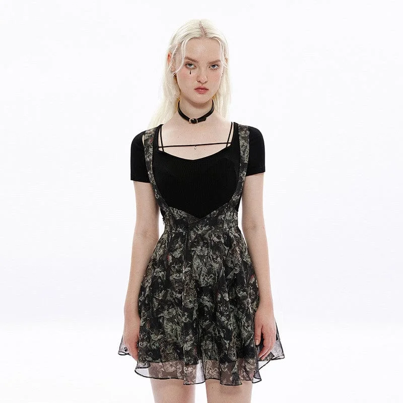 Women's Grunge Cat Printed Chiffon Suspender Skirt Slip Dress