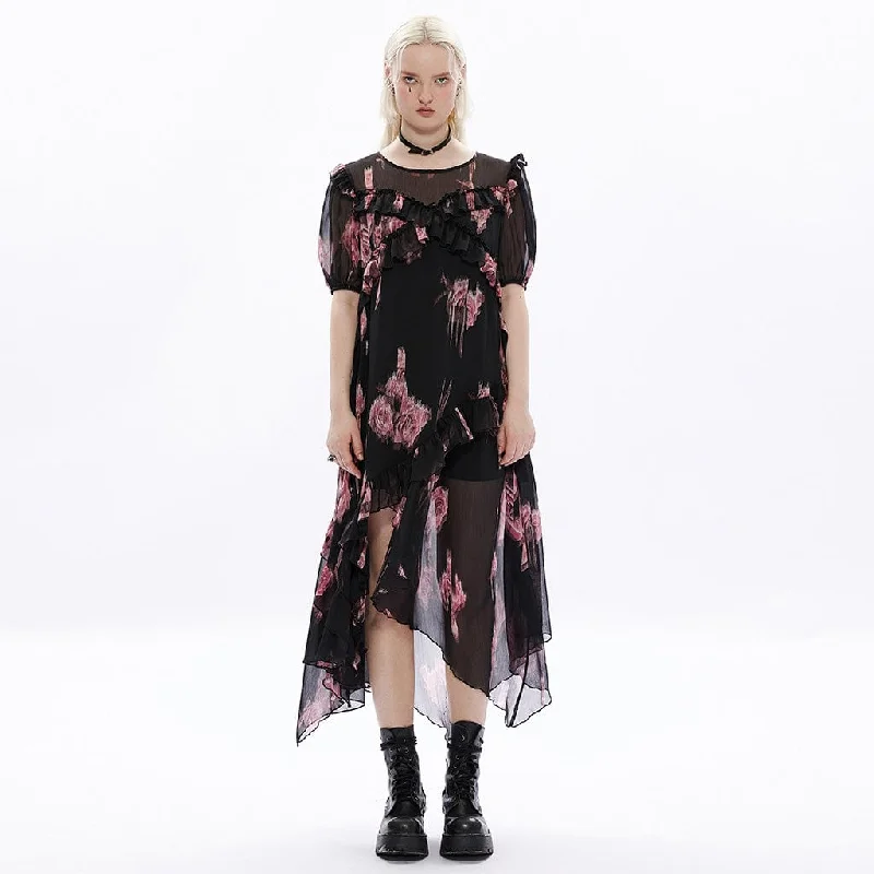 Women's Grunge Irregular Floral Printed Ruffled Dress