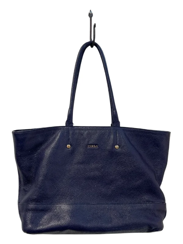 Furla Blue Leather Shoulder Strap Zip Close Inside Pockets Flat Bottom Bag