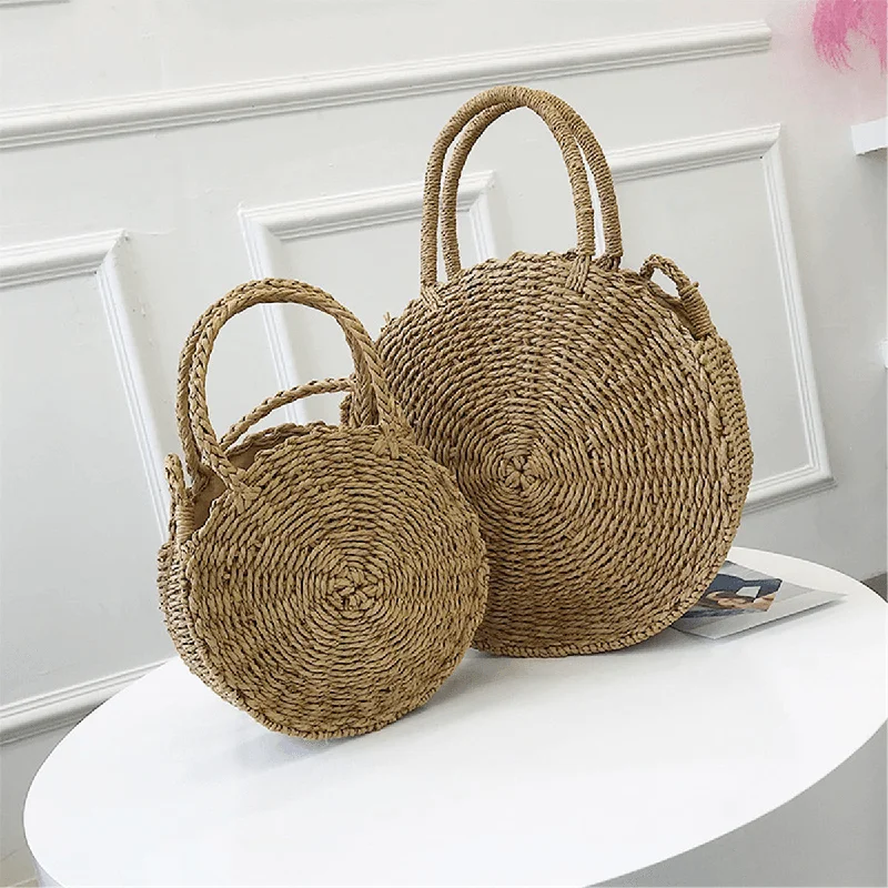 Bohemia Rattan Straw Bag Women Straw Handbag round Beach 110Cm Length Polyester