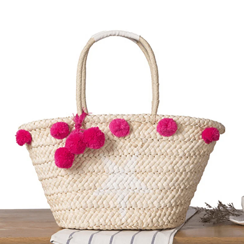 Women Woven Straw Beach Handbag Travel Plush Ball Bag Tote Bag