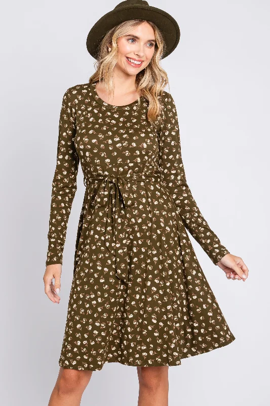 Olive Floral Soft Knit Long Sleeve Dress