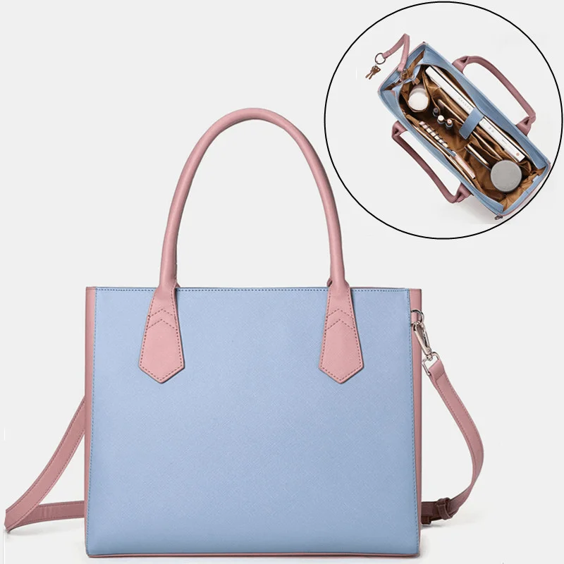 Women PU Leather Patchwork Multifunction Multi-Pocket 13.3 Inch Laptop Key Handbag Shoulder Bag