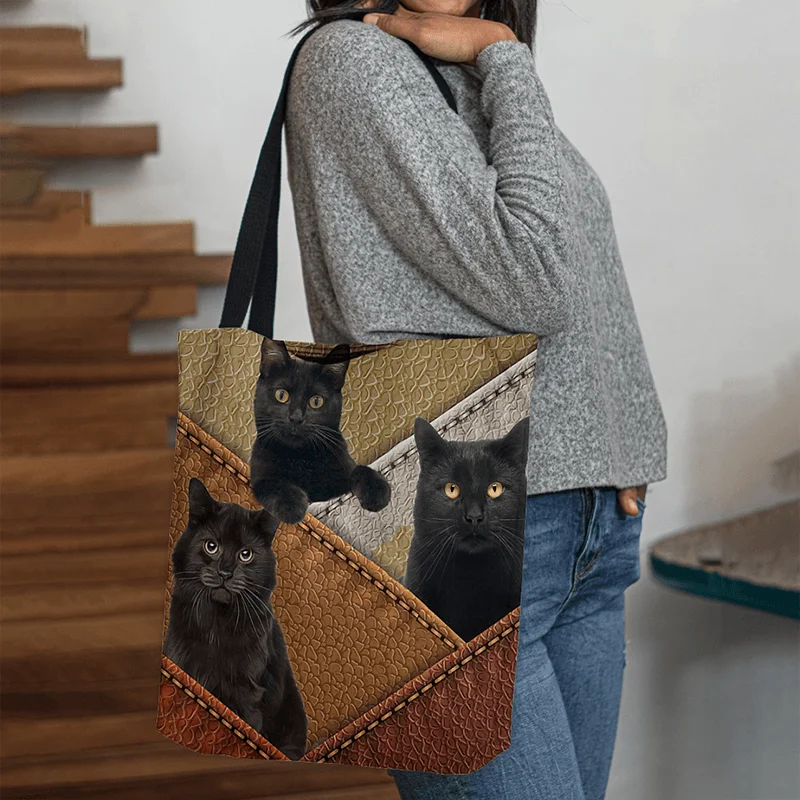 Women Felt Cats Pattern Patchwork Printing Handbag Shoulder Bag Tote