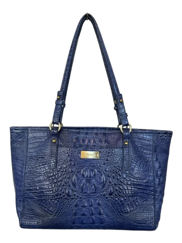 Brahmin Blue Leather Croc Embossed Top Handles GHW Zip Close Bag