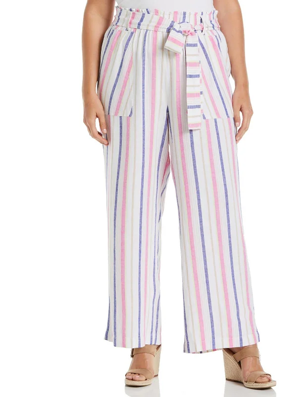 Plus Womens Striped Belted Wide Leg Pants