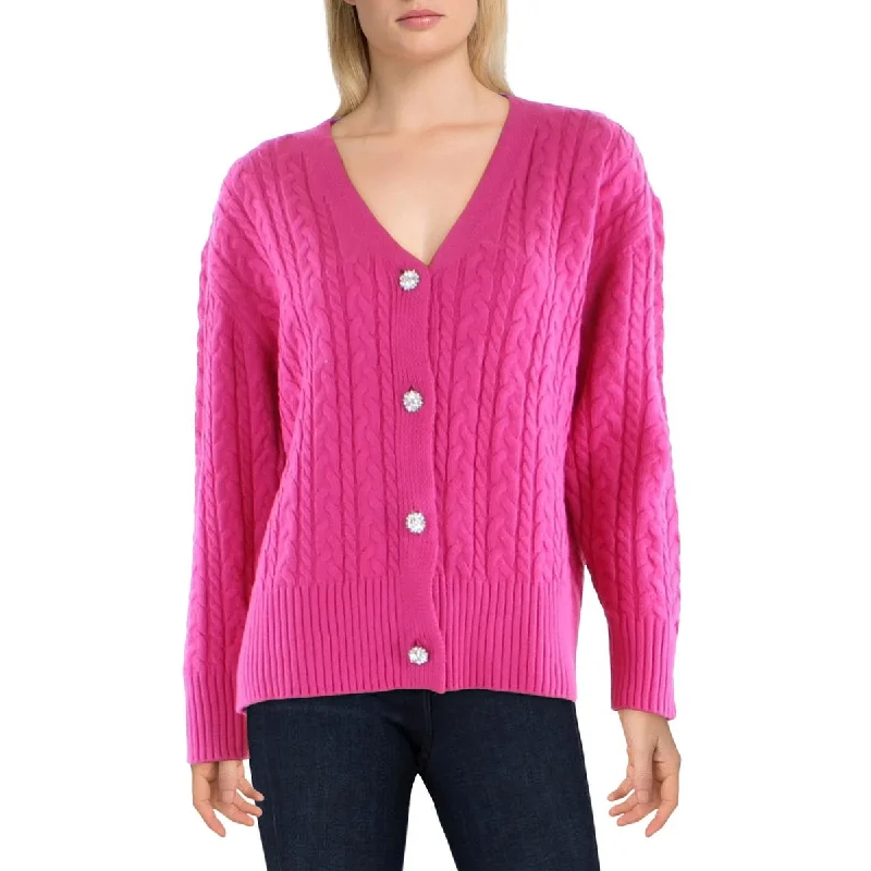 Anne Klein Womens Embellished Cable Knit Cardigan Sweater