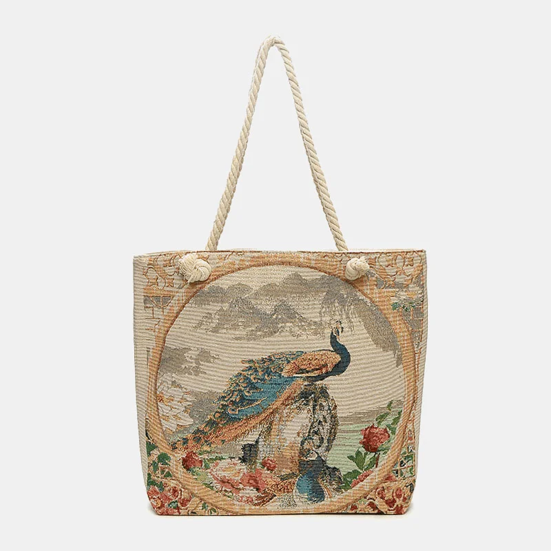 Women Peacock Printed Canvas Tote Bag Hangbag