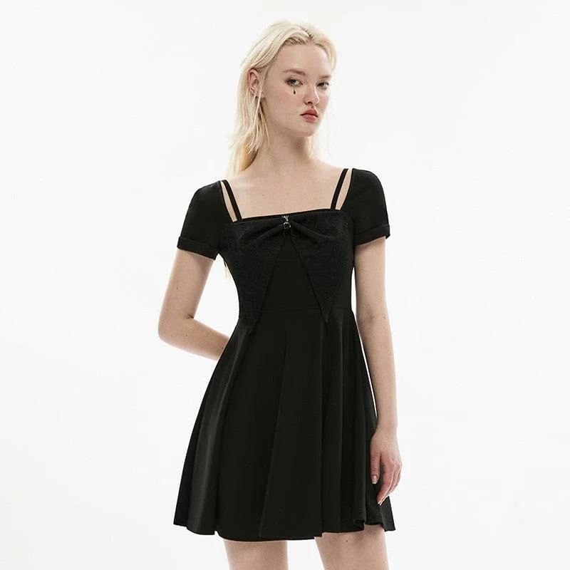 Women's Gothic Square Collar Bowknot Black Little Dress