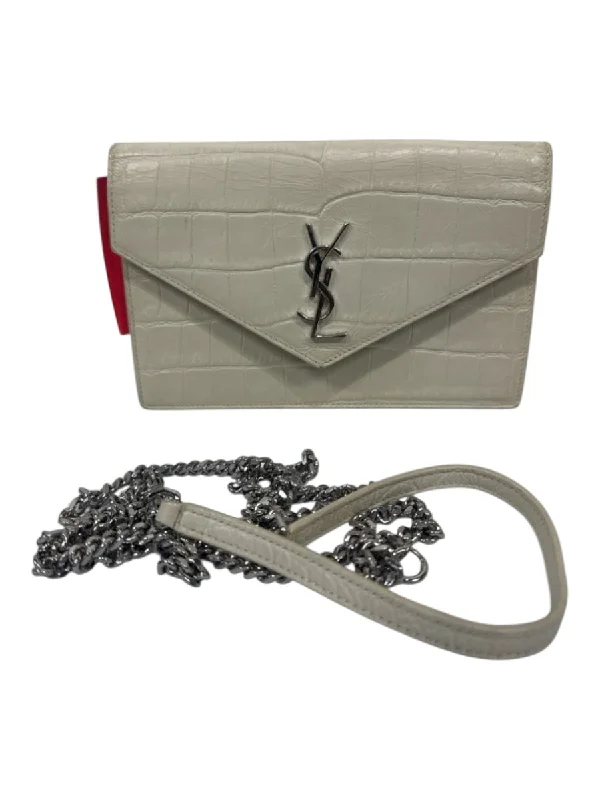 Yves Saint Laurent Cream Crocodile Leather Button Close Silver Hardware Logo Bag