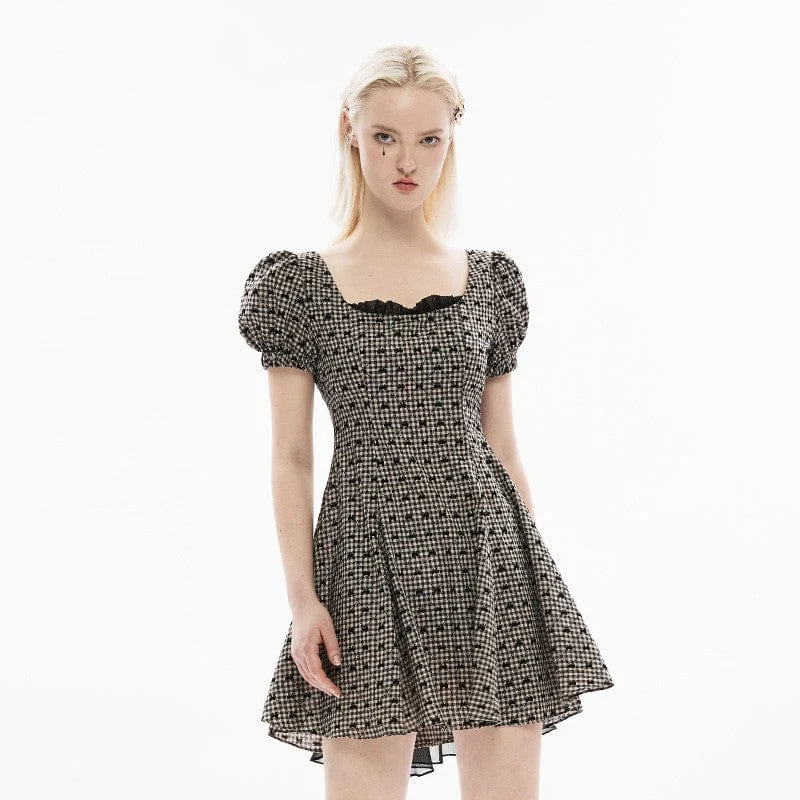 Women's Lolita Bowknot Plaid Puff Sleeved Dress