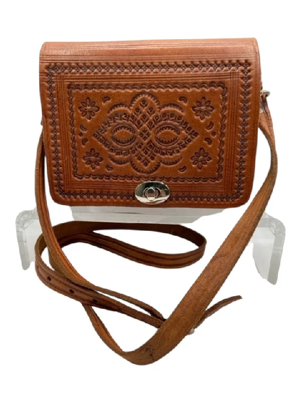 No Brand Brown Leather Engraved Button Close Crossbody Bag