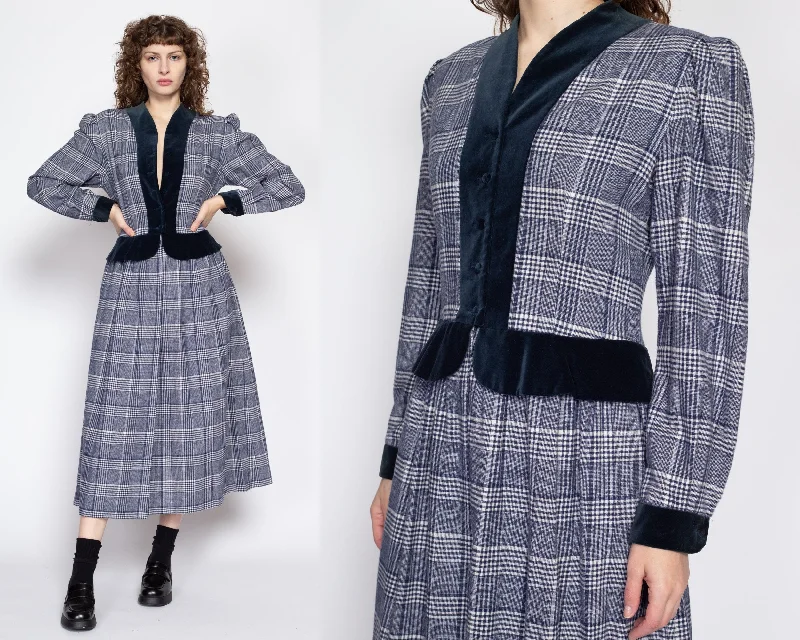 Medium 80s Lanz Plaid & Velvet Peplum Midi Dress