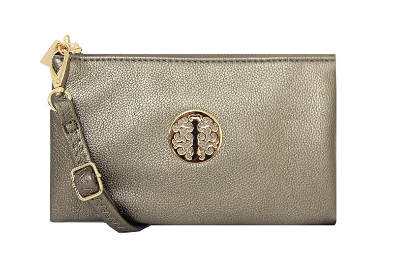 SMALL MULTI-POCKET CROSSBODY PURSE BAG WITH WRISTLET AND LONG STRAP - GOLDEN PEWTER