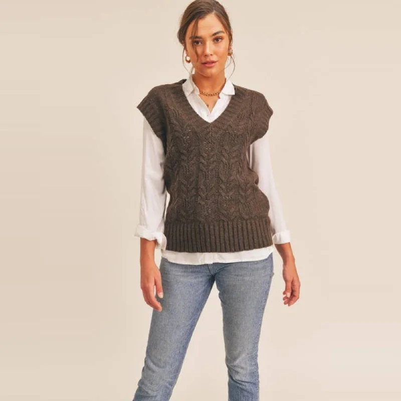 Cable Knit Oversized Sweater Vest (Espresso)