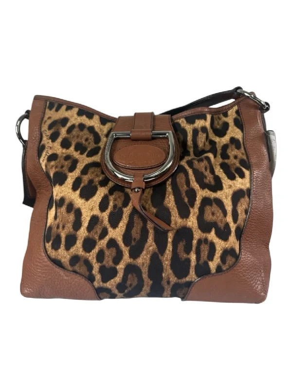 Dolce & Gabbana Brown & Multi Leather Canvas Cheetah Logo Pewter Hardware Bag