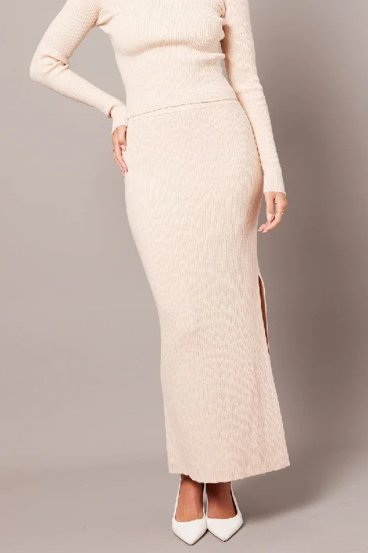 Beige Knit Skirt High Rise