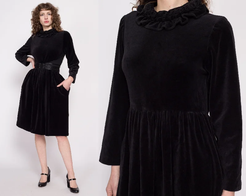 Vintage Black Velvet Ruffle Collar Midi Dress - One Size