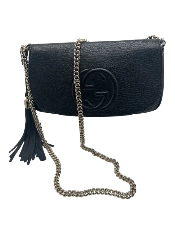 Gucci Black Leather Pebbled Logo Flap Crossbody Chain Bag