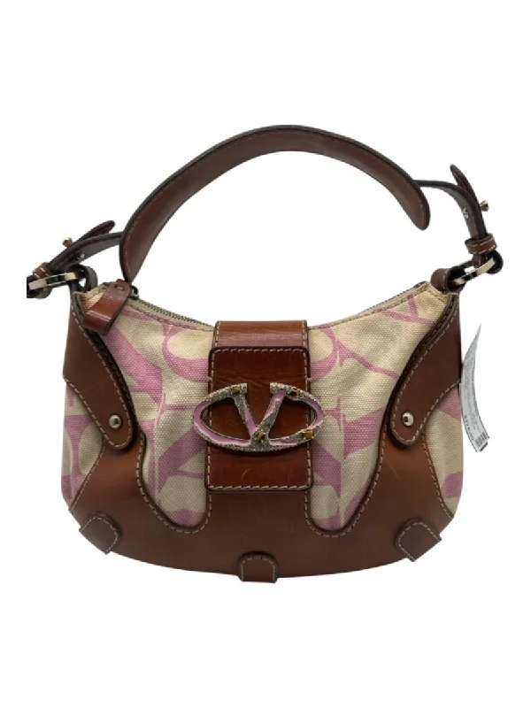 Valentino Garavani Cream, brown & pink Canvas Leather Shoulder Zip closure Bag