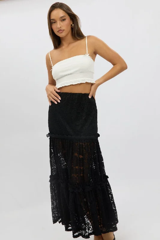 Black Lace Maxi Skirt Elastic Waist Tiered Lined