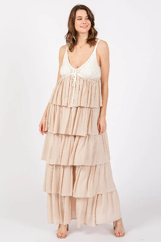 Beige Colorblock Crochet Tiered Maxi Dress