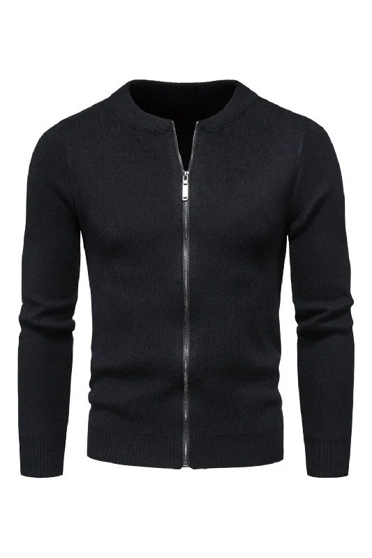 Black Round Neck Men's Zippered Knitted Sweater