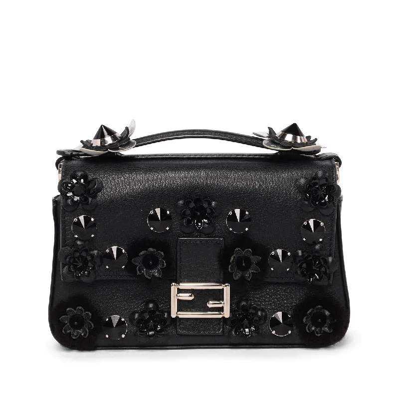 Fendi Black & Blue Vitello Dolce Flowerland Micro Double Baguette