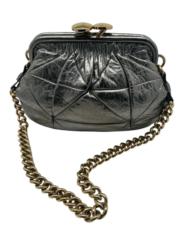 Marc Jacobs Silver Leather Metallic Kiss Lock Goldtone Hardware Chain Strap Bag