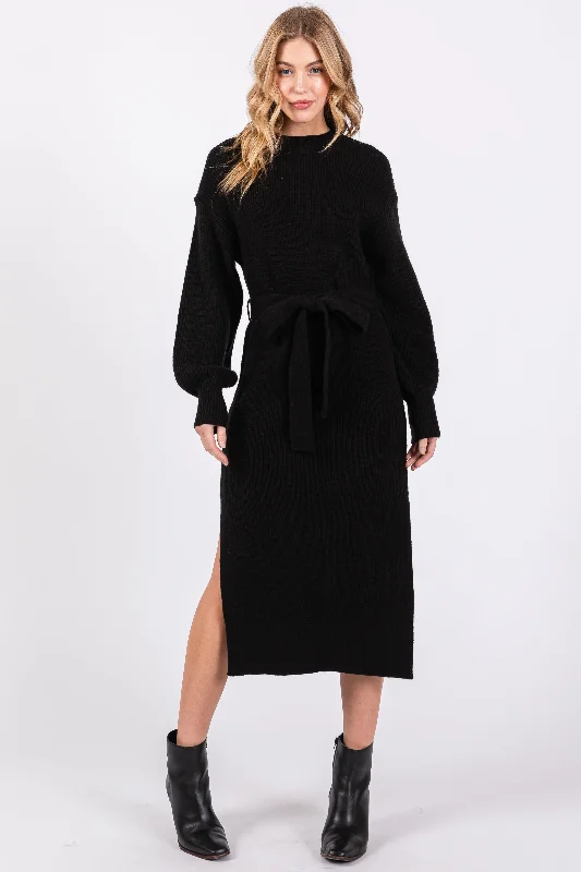 Black Side Slit Sweater Midi Dress