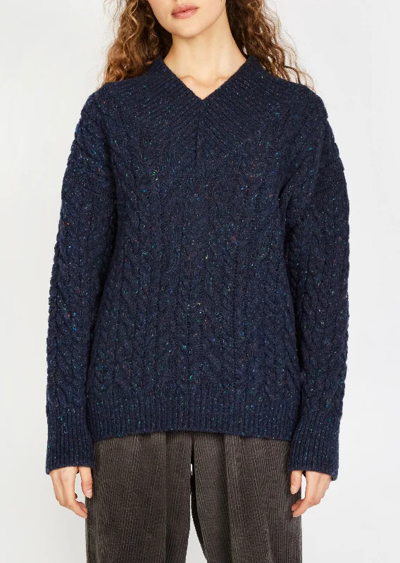 IrelandsEye Cable V-neck Aran Sweater | Rich Navy