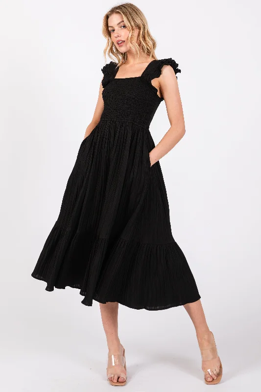 Black Striped Flutter Sleeve Midi Dress