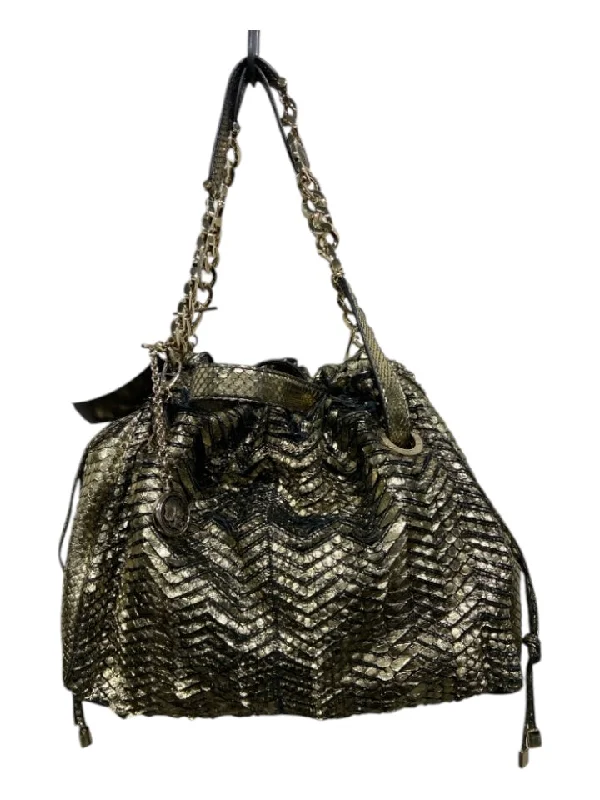 Bvlgari Gold & Black Leather Snake Embossed Shoulder Strap Bag