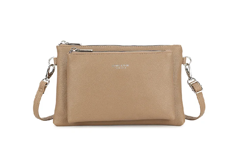 MULTI-POCKET CROSS BODY MESSENGER PURSE BAG WITH WRISTLET STRAP - TAUPE