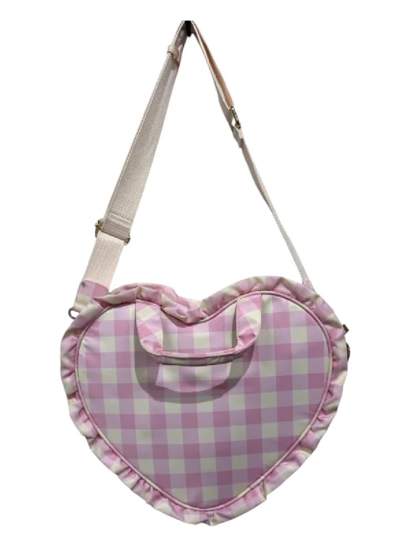 Stoney Clover Pale Pink & Cream Nylon Checkered Top Handle Heart Crossbody Bag