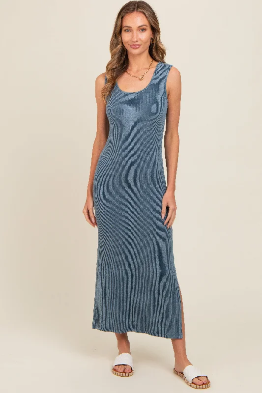 Blue Ribbed Side Slit Maxi Dress