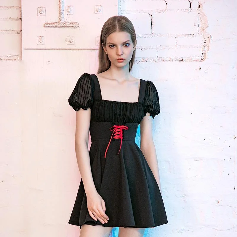 Women's Square Collar Lace-up Sheer A-line Dresses