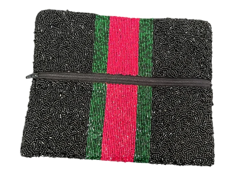 Tiana Black Red & Green Fabric Beaded color block Shiny Fold Over Clutch