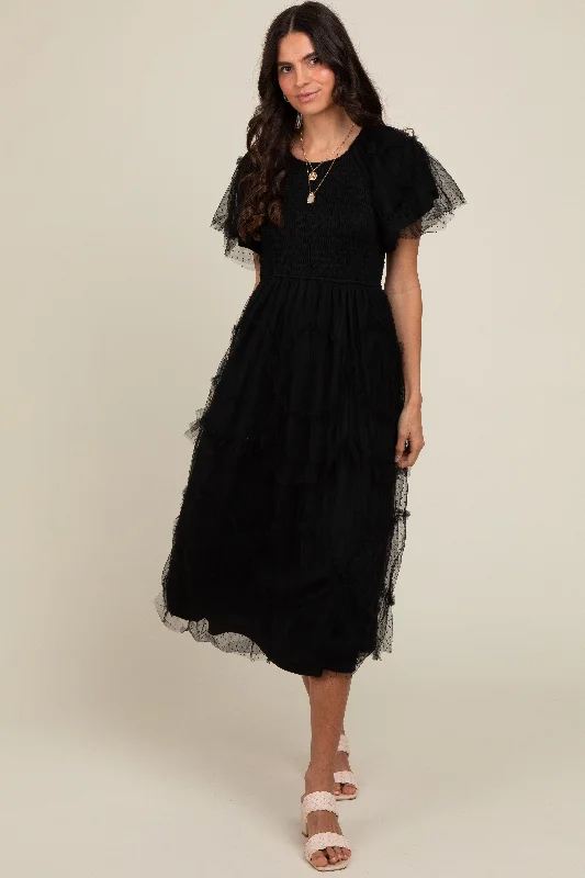 Black Smocked Dotted Tulle Overlay Midi Dress