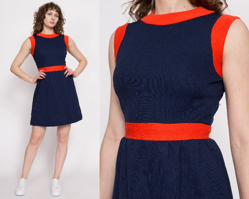 60s 70s Mod Navy Blue Color Block Mini Dress - Small