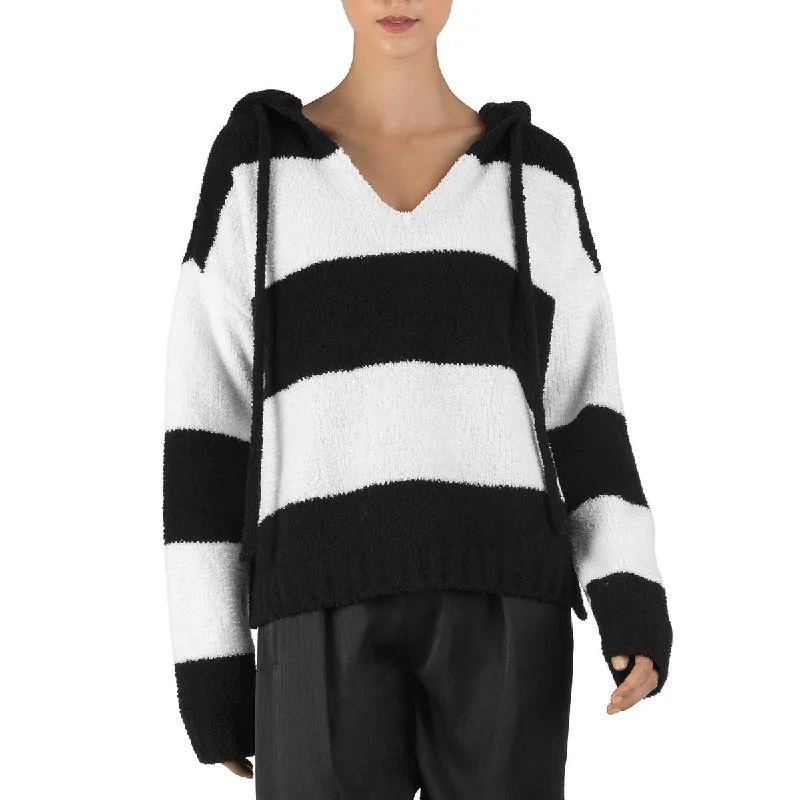 ATM Womens Chenille  Striped Hoodie V-Neck Sweater