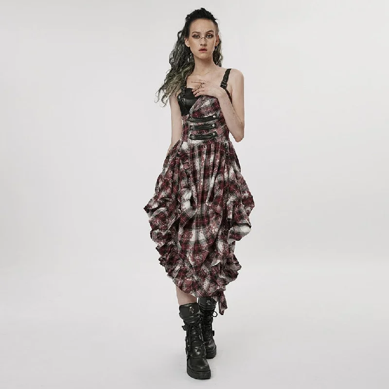 Women's Grunge Ruffled Plaid Dress with Shoulder Pad