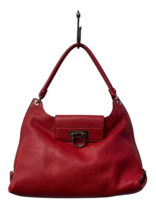 Salvatore Ferragamo Red Calf Leather Pebble 1 handle silver hardware Bag