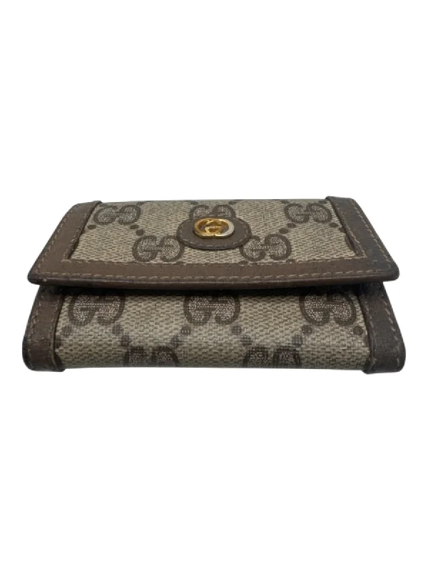 Gucci Beige & Brown Monogram Canvas Button Close Gold Hardware Keyholder Wallets